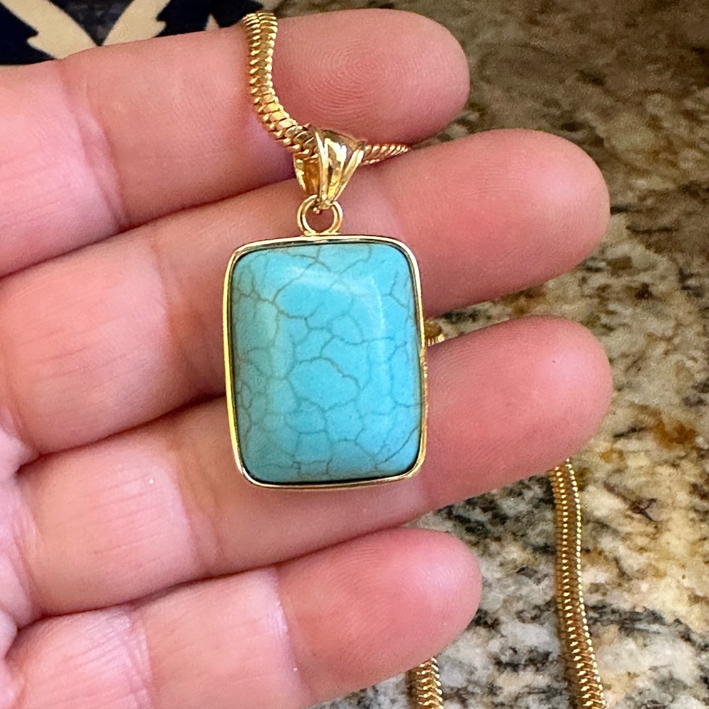 Gold Herringbone Turquoise Pendant Necklace - Picture 3 of 8
